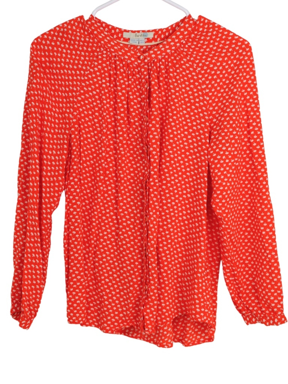 Boden Blouse Women’s 8 Red White Mushroom Print Long Sleeve Tie Neck Top